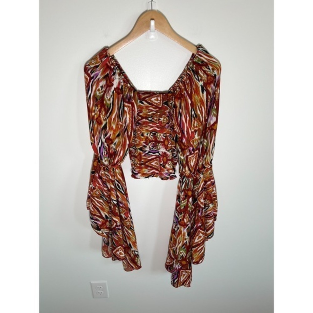 Festival Fairy Boho Going‎ Out Womens Top Red S Asymmetrical Smocked Stretch